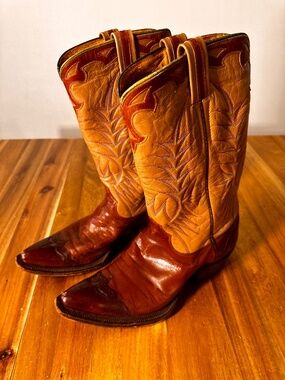Vintage Leather Western Cowboy Boots Two-Tone Brown Tall Embroidered